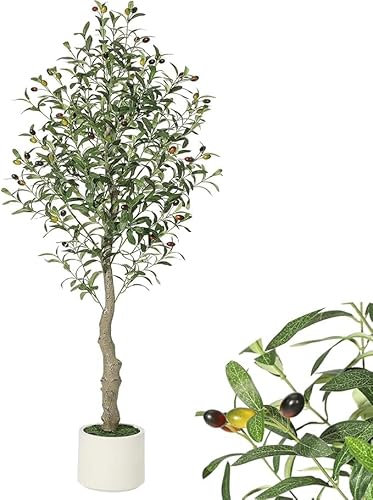 Faux Olivier 150cm,Olivier Artificia Intérieur avec Jardinière Blanche et Mousse Verte, Faux Arbre Artificiel Résistant aux UV,pour Décoration Maison Bureau Salon Chambre à Coucher