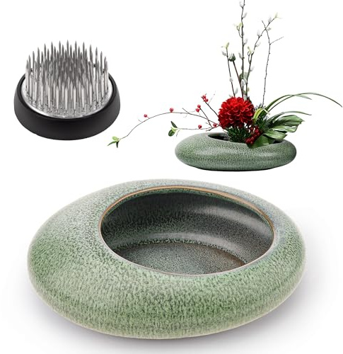 Folmywy Japanisches Ikebana Vase Keramik Schale mit 4cm Blumenhalter Kenzan | Keramik Grün Blumengesteck Schale Kenzan Mental Pin Blumenschmuck für Hochzeiten Teestuben Wohnkultur