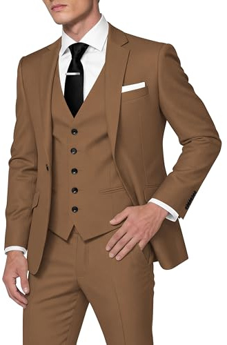 HUUTOE Men's 3 Piece Suits Slim Fit Wedding Suits for Men Prom Dress Suit Summer Blazer Jacket Vest Pants Tuxedo Set Men, Brown, 4XL
