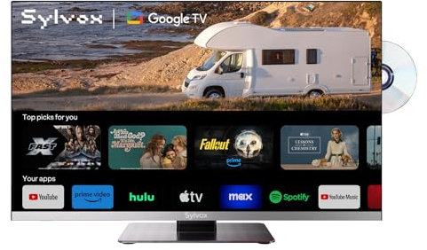 SYLVOX 22 Inch Smart TV with DVD Player, Frameless 1080P FHD, DVB/T2/S2, Hi-Fi Speakers, Small Television with Google Cast, Voice Remote, Bluetooth WiFi, 12V TVs for Motorhomes, Home, Caravans