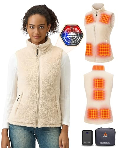 GOTOBI Fleece Womens Heated Gilet With Power Bank 16000 Mah,7.4 V, 9 Zones Heated Vest With 3 Temperature Adjustable Smart Temp Control Ladies Body Warmer, electric gilet for WOmen Outdoors Camping