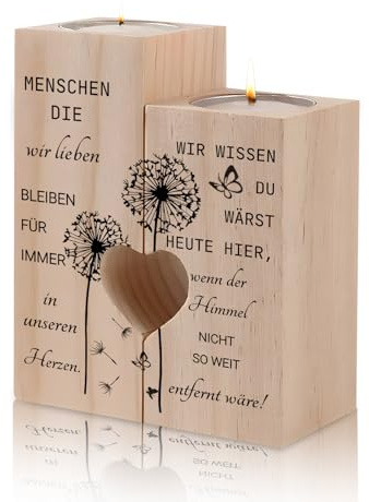 Windlicht Gedenklicht Herzform, Trauergeschenk aus Holz, Trauerkerze mit Spruch, Trauerkerzen Set, Pusteblume Design, Beerdigung Geschenk, Verstorbene Andenken