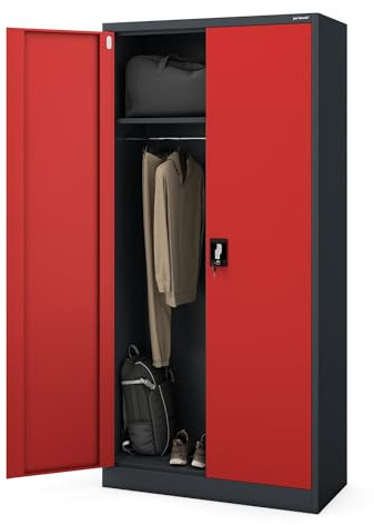 Jan Nowak Kleiderschrank abschließbar, Büroschrank mit Kleiderstange | Aktenschrank, Metallschrank mit Fächern, Kleiderstange, 50 kg Fachlast, Stahl 0,6 mm, Schloss, Wandmontage, 185 x 90 x 45 cm