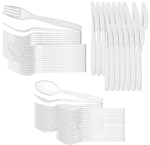 Premium Heavy Duty Clear Plastic Cutlery Set 100pcs – Reusable & Dishwasher Safe 100 Forks, 100 Spoons, 100 Knives – Ideal for Parties, Weddings, Events, Picnics, Office & Everyday Use