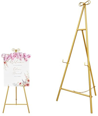 Gold Easel Stand for Sign, 55'' Adjustable Easel Stand for Display, Metal Easel Display Stand Heavy Duty(Round Tube)