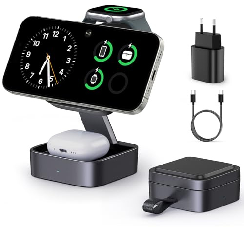 3-en-1 Station De Recharge pour Apple, Magnétique Pliable Rapide Chargeur de Voyage Compatible Mag-Safe pour iPhone 17e/17/16/15/14/13/12/Air Série, Apple Watch & Air-Pods Pro/4/3/2