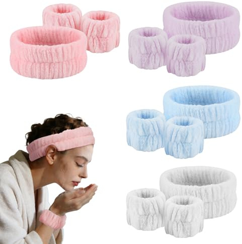 msymsyu 12 Stk Haarband Skincare Set, 4 Farbe Elastische Haarband Damen | 4er Abschmink Haarband und 8er Handgelenk Waschband, für Dusche, Gesichtsreinigung, Yoga (Weiß/Rosa/Blau/Lila)