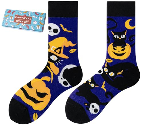 NxnChc Chaussettes amusantes pour femmes et hommes unisexes de nombreux motifs animaux manger fruits sport art en coton cadeau motifs asymétriques gauche et droite, Magicien de chat, 35-46