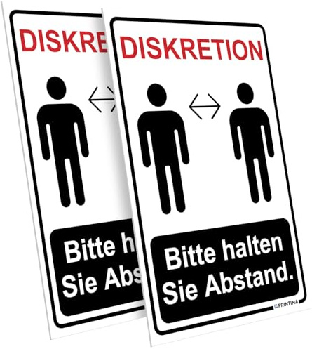 PRINTIMA 2x Schild – „DISKRETION – Bitte halten Sie Abstand.” 21x32 cm – PVC Hinweisschild Set mit Montageset für Schilder – Abstands- & Diskretionshinweis