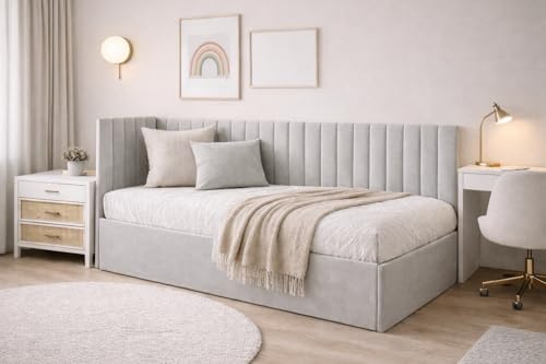 Polsterbett Bruno 120x200 cm, Bettkasten, Riviera-Stoff, Grau | Betten mit Metallrahmen, Jugendbett mit Oeko-Tex, Weicher Stoff