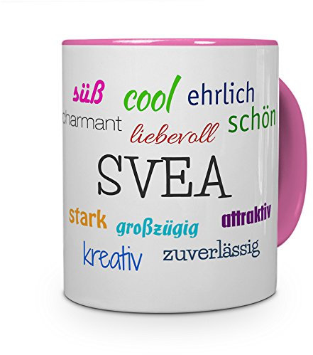 printplanet Tasse mit Namen Svea - Positive Eigenschaften von Svea - Namenstasse, Kaffeebecher, Mug, Becher, Kaffeetasse - Farbe Rosa