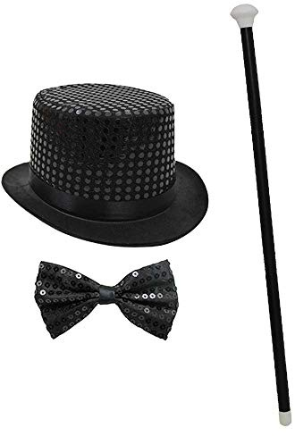 I LOVE FANCY DRESS Pailetten Zylinder HÜTE+Fliege+TANZSTOCK= KOSTÜM VERKLEIDUNG=Unisex =ERHALTBAR TOLLES ZUBEHÖR FÜR Karneval ODER Fasching ODER Silvester=SCHWARZ