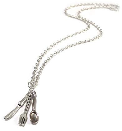 Royal Swan Knife Fork Spoon Necklace Jewelry On A 24'' Sterling Silver Plated Chain - Cute Foodie Jewellery-Vintage Silver Charms-Chef Cook Waiter-