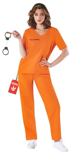 Fun Shack Sträfling Kostüm Damen, Gefängnis Halloween Kostüm Damen, S | Oberteil, Hose & Handschellen, Orangefarbenes Häftling-Design, Zum Überziehen, Perfekt für Halloween, Ideal zum Verkleiden