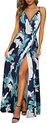 II ININ Femmes Casual Col en V Profond Robe D'été Dos Nu Imprimé Floral Split Robe Longue pour Beach Party(A11_Floral,XL)