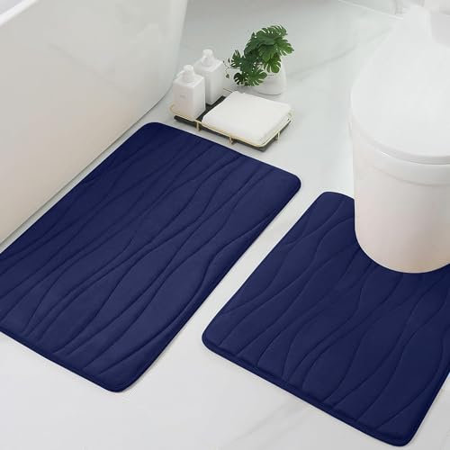 Homaxy Badematten Set 2 teilig Memory Foam Badezimmerteppich WC Vorleger mit Ausschnitt Set Saugfähige rutschfeste Badteppich Set Waschbar Badvorleger Set 2teilig, Marineblau