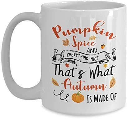 Pumpkin Spice and Everything Nice That's What Autumn is Made of Themed Funny 11 Oz Ceramic Coffee Mug/Cup.