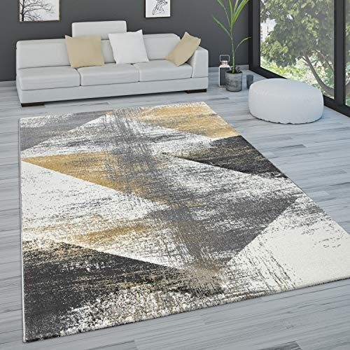 Paco Home Teppich Wohnzimmer Schlafzimmer Kurzflor Vintage Optik Modern Pastell Rautenmuster Abstrakt, Grösse:200x290 cm, Farbe:Gelb