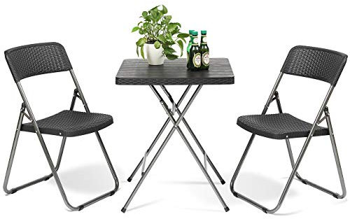 Sekey Garden Furniture Bistro Set, 3 Pieces Rattan Look Plastic Patio Folding Bar Table And Chairs, Outdoor & Indoor Furniture Sets For Garden Yard, Durable Waterproof Steel Frames, Black