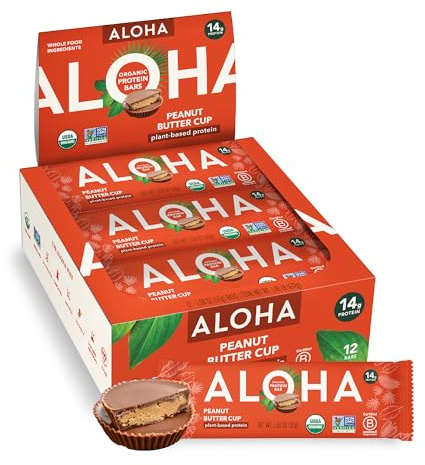 ALOHA Organic Plant Based Protein Bars - Peanut Butter Cup Bar - 12 Bars, Vegan, Low Sugar, Gluten-Free, Low Carb, Non-GMO, No Stevia, No Erythritol