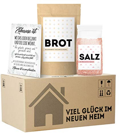 MeerBach & Rose, Einweihungsgeschenk für Wohnung und Haus, originelles Brot und Salz Geschenk zum Einzug im mini Umzugskarton, tolles Einzugsgeschenk