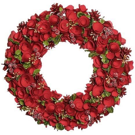 18 Red Rose Wreath Wooden Artificial Evergreen Memorial Grave Wreath