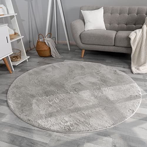 TT Home Wohnzimmer Teppich Hochflor Langflor Kunstfell Weich Modern Unifarben Flauschig, Farbe: Grau, Größe:100 cm Rund