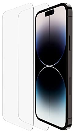 Belkin 2 pack TemperedGlass iPhone 14 Pro screen protector, easy bubble free application with included EZ-Frame for installation, 9H hardness tested, scratch resistant crystal-clear screen protector