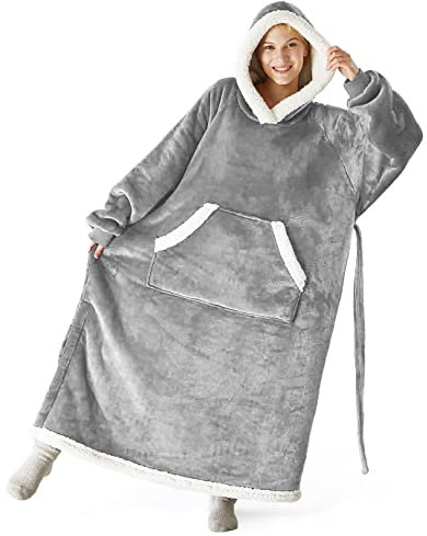 Hoodie Sweatshirt Decke Warm Kuscheldecke mit Ärmeln Flanell Übergroße Kapuzenpullover Erwachsene Ärmeldecke Ganzkörperdecke Oversized TV Decke Tragbar Hoodie für Erwachsene,Grau;Länge:120cm