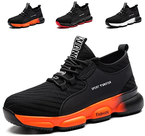 Safety Trainers Men Women Steel Toe Cap Trainers Work Safety Shoes Lightweight Non Slip Work Boots Industrial Protective Sneakers Black Orange 5.5 UK