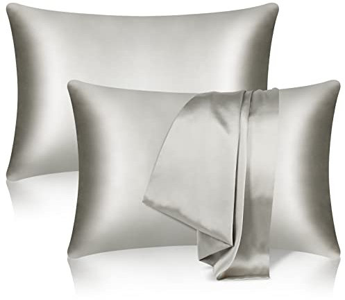 tenn well 2 Pack Mulberry Silk Pillowcase for Hair and Skin, Both Sides 100% Pure Silk Pillowcase 19 Momme Soft Smooth Pillow Case with Hidden Zipper (Standard 51 x 76cm, Grey)