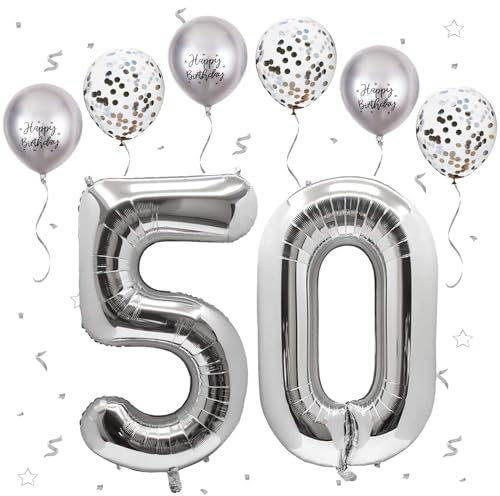 VUCDXOP Silber Luftballon 50, XXL Riesige Geburtstag Ballon 50, 40 - 101cm Ballon Zahl Deko Folienballon Zahlen 0 & 5, Geburtstagsdeko Jubiläum Party Deko, Fliegt mit Helium (Nummer 50)