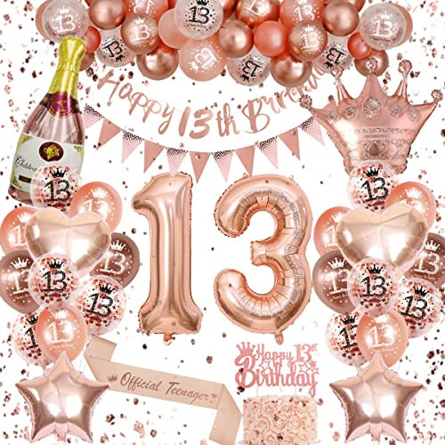 13 Geburtstagsdeko Mädchen, Luftballons Geburtstag 13, Geburtstagsdeko mädchen, Rosegold Deko Set Enthalten 13 Mit Happy Birthday Banner Rosegold Ballons 13.Geburtstag Schärpe Für Party Deko