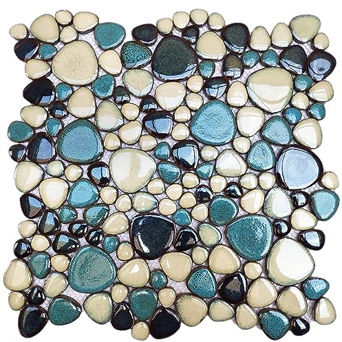 Primoon Ineinandergreifende Kieselstein-Fliesen, 5 Blatt, Aqua Teal Blue Mosaic Fliesen Mesh Montiert, Dekorative flache Kieselsteine für Küche Bad Backsplash Dusche Boden