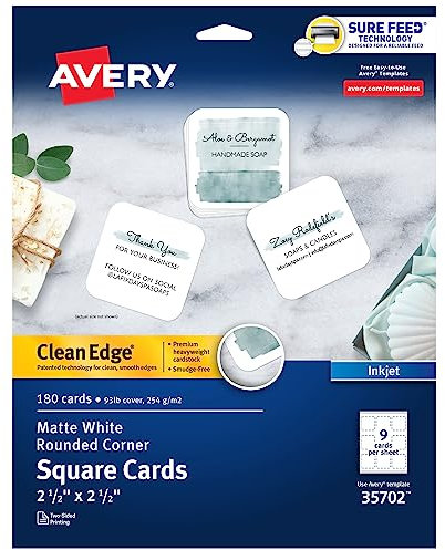 Avery® Clean Edge® bedruckbare quadratische Karten mit Sure Feed Technologie & abgerundeten Ecken, 6,3 x 6,3 cm, weiß, 180 Blanko-Karten für Tintenstrahldrucker