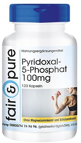 Fair & Pure Pyridoxal-5-Phosphat 100mg Tagesdosis mit 25mg Zink, 120 Kapseln, schluckfreundlich, aktives Vitamin B6 P-5-P, hochdosiert, Nahrungsergänzungsmittel vegan ohne Magnesiumstearat