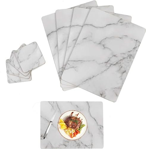 AAMEN Set of 8 Marble Effect Cork Placemats & Coasters, Heat Resistant Waterproof Non-Slip Corks Table Mats, Tables Mats for Kitchen Dining Table (8-Marble Cork Placemats & Coasters)
