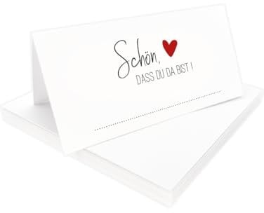 Tischkarten Schön, dass du da bist weiß mit Herz | Farbe wählbar | 25, 50, 100 Stück | selbst beschriften | Namensschilder, Platzkarten | für Hochzeit, Geburtstag uvm (Rot, 25)