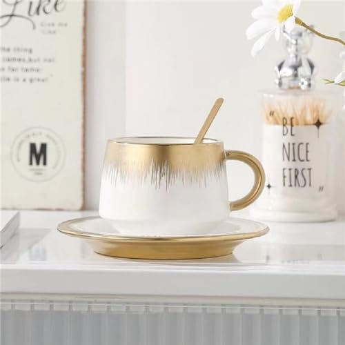 FülleMore Gold Kaffeetasse mit Untertasse 250ml Espressotasse Cappuccino Tasse mit Kuchenteller Kaffeeservice Porzellantasse Geschenk für Valentinstag Muttertag Geburtstag Weihnachten (Weiß)