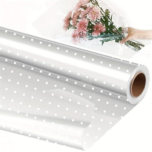 Geschenkfolie Transparent - Cellophan Geschenkpapier Rolle 2.2 Mil, mit Weißem Punktmuster zum Einwickeln von Geschenkkörben lumenfolie und Blumen Geschenkkörbe Wrap (40CM x 15M)