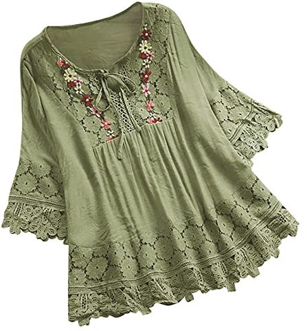 Tee Shirt Orange Blouse Chic et Élégant Manche 3/4 Chemise Femme ete en Coton Vetement Rue Vêtements Grande Taille Chemise Lin Haut Vert 5XL