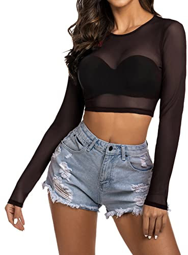 Avidlove Damen Bluse Sexy Top Festival Outfit Crop Oberteile Rave Body Langarm Shirt Mesh Clubwear Schwarz XL