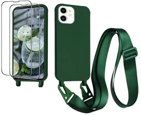 CaseLover Handykette kompatibel mit iPhone 11 Hülle mit Band, Premium Silikon Necklace Handyhülle mit 2 Stück Schutzfolie Verstellbarer Kordel zum Umhängen Stossfest Schutzhülle Case, Dunkelgrün