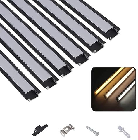 T&K LED Aluminium Profil 6 x 1M U-Form verdeckter Einbau Schwarz mit Abdeckung Opal, Endkappen und Montageklammer, Eckprofil Eloxiert Für LED-Streifen und LED-Stripes