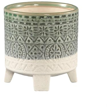 Green & White Two-Tone Geometric Pot with Legs, Ceramic White Plant Pot with Legs, Cauldron Plant Pot with Feet, Patterned Tripod Pot, Bohemian Tribal Pattern Houseplant Pot Stand, Green Pot (Medium)
