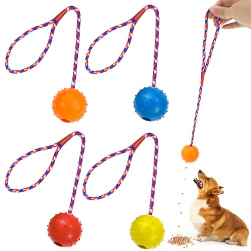 GMMG Hundespielzeug Ball mit Seil, 4 Stück Hundeball, Wurfball Hund, Hunde Bälle mit Schnur, Dog Toys, Ball mit Schnur Hund