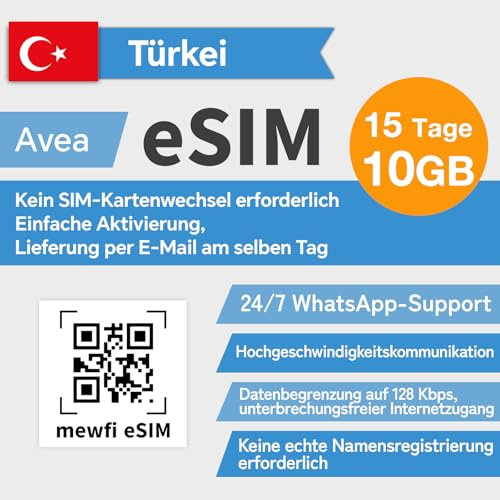 mewfi eSIM für Türkei Reisen, 15 Tage 10 GB, 4G LTE, Google, Twitter, etc., Einfache Aktivierung, 24/7 Whatsapp-Support