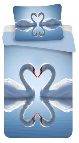Jerry Fabrics Kinderbettwäsche Schwan Schwäne Herzform Wasser Tiere Bettdecke 140 x 200 + Kopfkissen 70 x 90 cm 100% Polyester
