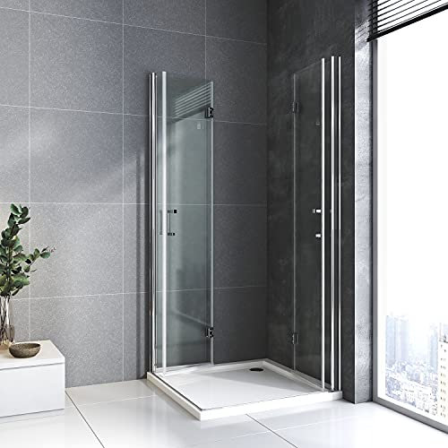 Duschkabine Eckeinstieg 90 x 90 cm, Duschkabine Doppel Falttür Falttürkabine 6mm ESG Glas 180º Drehfalttür Duschabtrennung,Höhe 195cm