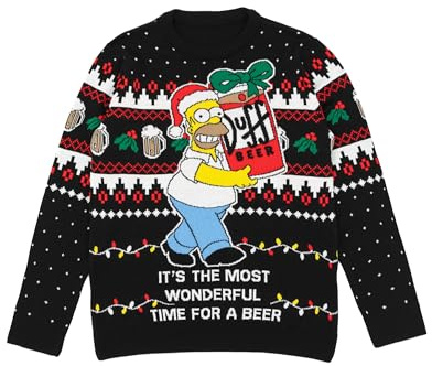 Simpsons Herren-Weihnachtspullover in Schwarz | Homer Simpson It's the Most Wonderful Time for a Beer Strickpullover für Erwachsene | Festlicher Weihnachts-Cartoon-Pullover aus Strickwaren